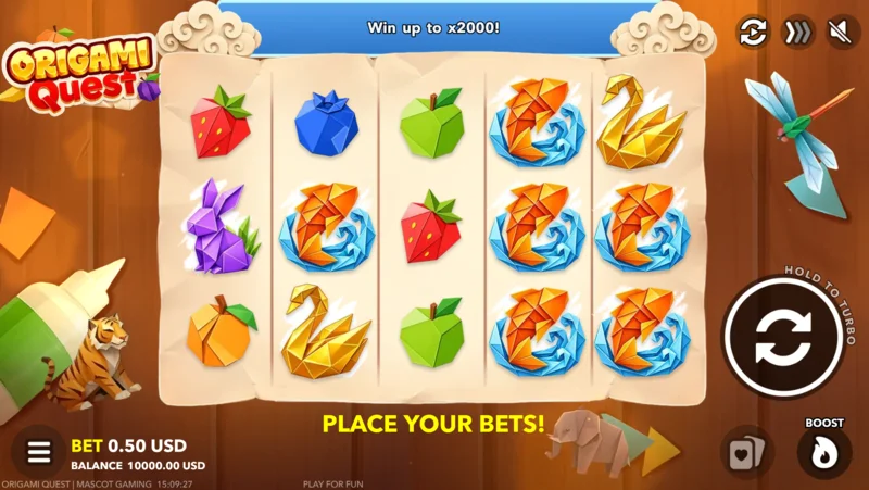 Origami Quest – žaidimo ekranas su statymų skydeliu ir Boost mygtuku